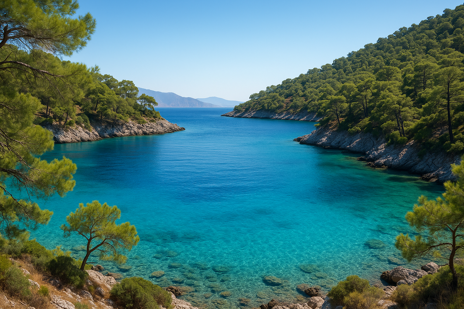 Datça koyu, mavi deniz ve çam ağaçları