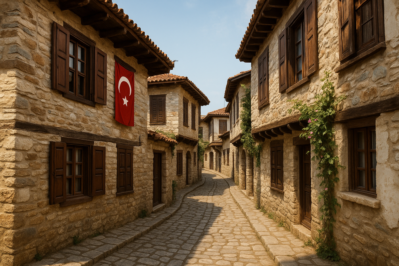 Ege kıyısında küçük sahil kasabası, beyaz evler