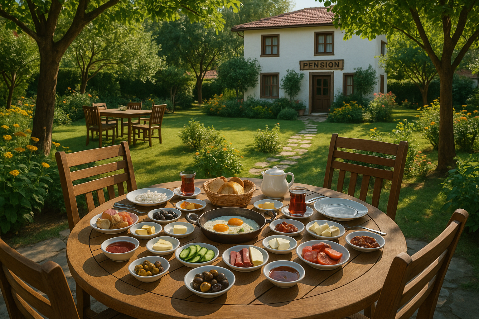 Pansiyon bahçesinde misafirler, akşam sohbeti