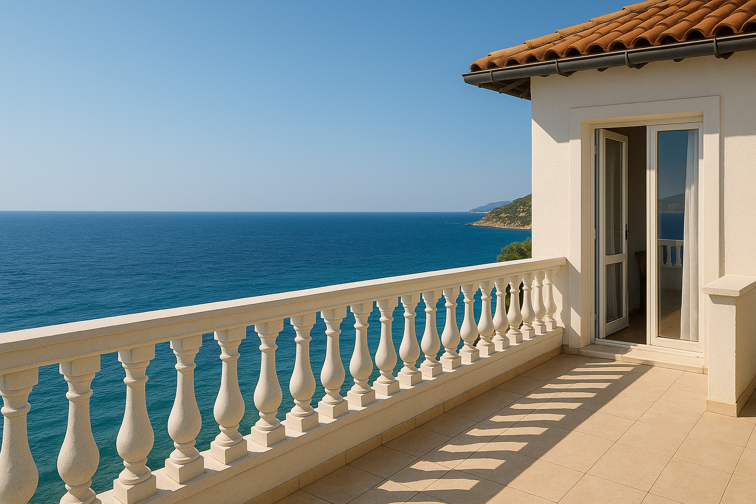 Ege kıyısında pansiyon balkonu, deniz manzarası